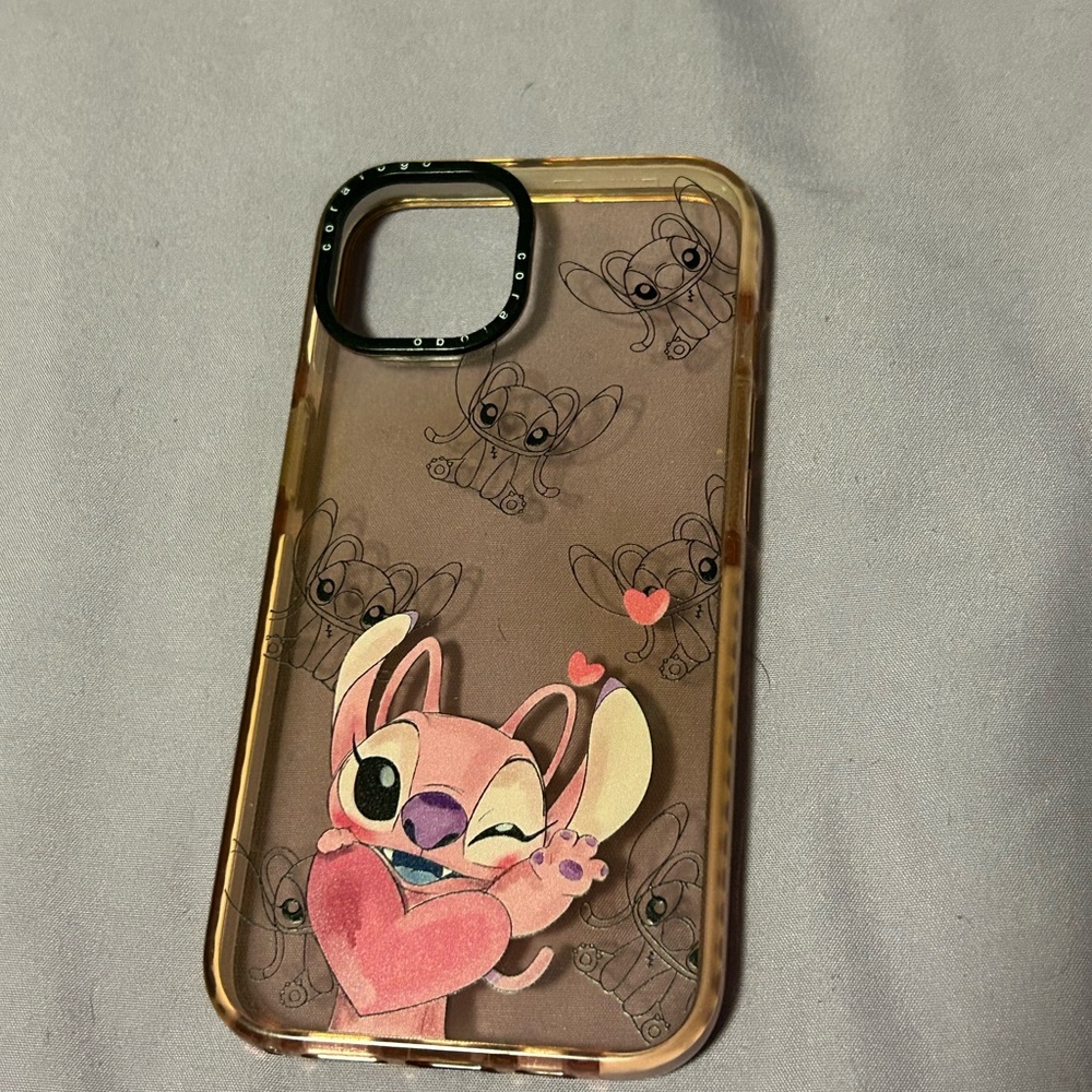 Pink transparent iPhone 14 case with Angel on it